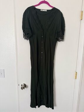 Zara Green Lace-Trim Button Front Maxi Dress